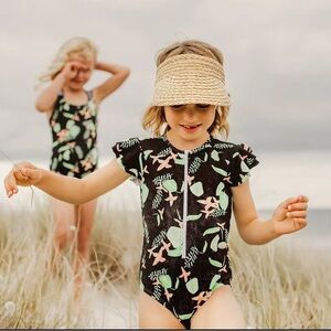 Snapper Rock Rainforest Short Sleeve Surf Suit, Neon. UPF 50 Fabric.